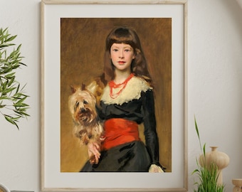 Pintura de retrato vintage: menina e cachorro, de John Singer Sargent (download digital)