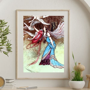 The Six Swans | Vintage Illustration by Warwick Goble | The Fairy Witch Queen | Vintage Children&#39;s Book  | Digital Art Print of Fairy Woman