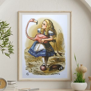 Alice Plays Flamingo Croquet | Vintage Children&#39;s Book Illustrations | Kids Room Digital Wall Art | Printable Wall Decor | Literary Artwork