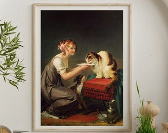 May include: A woman in a gray dress feeds a cat from a white plate. The cat is sitting on a red cushion with a dog sitting beside it. The scene is painted in a realistic style.