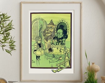 May include: A vintage illustration of Dorothy from the Wizard of Oz standing in front of the Wicked Witch of the West, who is sitting on a throne. The Wicked Witch is green and has a crown on her head. Dorothy is wearing a blue dress and white shoes. The illustration is in a green and yellow color scheme.
