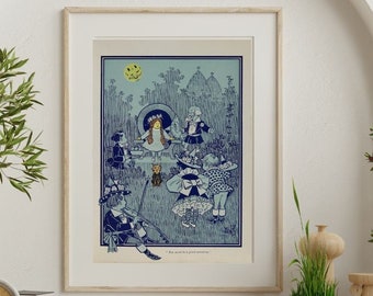 May include: A vintage illustration of a group of children in a garden setting. The children are dressed in blue and white clothing and are gathered around a table. A small dog is sitting on the ground near the table. The illustration is in a blue and white color scheme and has a whimsical feel.