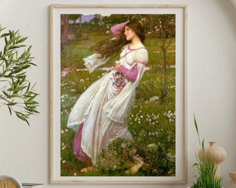 Windflowers (or Windswept) | Vintage Painting by John William Waterhouse | Beautiful Digital Art Print of Woman in Wildflowers | Antique Art