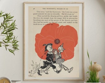 May include: A black and white illustration of the Scarecrow, Tin Man, and Dorothy from the Wizard of Oz. They are walking under a large red poppy flower. The text "The Wonderful Wizard of Oz" is printed at the top of the page.