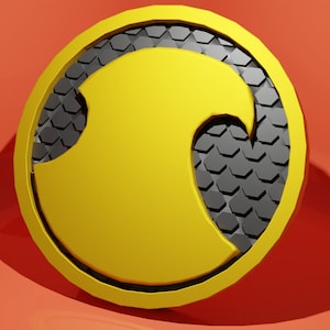 May include: A yellow and black circular emblem featuring a stylised bird design. The bird is outlined in black and has a textured, hexagonal pattern.