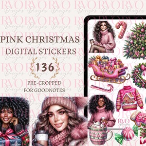 May include: A set of 136 pink Christmas digital stickers for Goodnotes. The stickers feature a variety of festive designs, including a Christmas tree, a wreath, a candy cane, a snowman, a mug of hot chocolate, and a woman wearing a pink sweater.