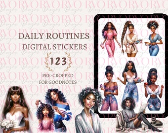 Black Girl Digital Stickers, Daily Routine Stickers, To Dos, Digital Stickers, That Girl, GoodNotes Planner Stickers for Dark Skin Tones