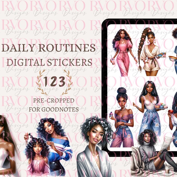 Black Girl Digital Stickers, Daily Routine Stickers, To Dos, Digital Stickers, That Girl, GoodNotes Planner Stickers for Dark Skin Tones