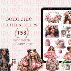 May include: A set of 10 digital stickers featuring illustrations of women with floral crowns, potted plants, cupcakes, and donuts. The stickers are pre-cropped for Goodnotes and are labeled "Boho Chic Digital Stickers 158".