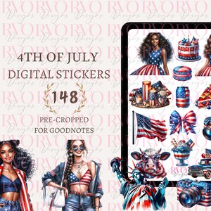 Pode incluir: Um conjunto de 148 adesivos digitais para Goodnotes com uma variedade de designs patrióticos, incluindo uma mulher com um vestido vermelho, branco e azul, um bolo, uma torta, uma vaca, uma câmera e a Estátua da Liberdade. Os adesivos são pré-cortados e prontos para usar.