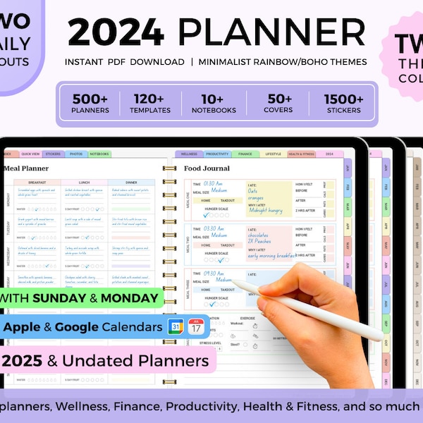 2024 2025 Undated Digital Daily Planner - Rainbow, Beige, iPad Planner for Goodnotes, Notability, NoteShelf, Digital Daily Weekly Monthly