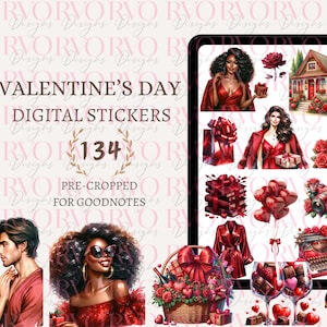May include: Valentine's Day digital stickers for GoodNotes. The image features illustrations of couples, gifts, roses, and other romantic elements in shades of red. The text reads "Valentine's Day Digital Stickers" and "134 Pre-Cropped for GoodNotes."