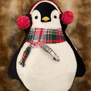 Huge Christmas Sherpa Penguin Holiday 22” by 16” Oversized Throw Novelty Pillow w/Plaid Scarf & Pom Pom Earmuffs NWT