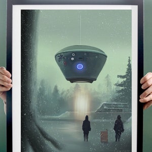 May include: A green flying saucer hovers over a snowy landscape. Two figures stand in the foreground, looking up at the saucer. The scene is reminiscent of a science fiction film.