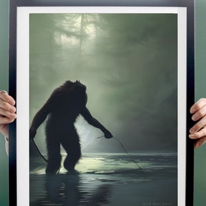 Adapt and overcome, Bigfoot painting, folklore, fishing, angling, Sasquatch, cryptozoology, Bigfoot artwork, cryptid, monster, horror, art