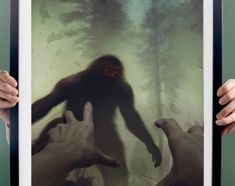 De jager en de gejaagden door Ben Walgate, Bigfoot, Sasquatch, Bigfoot-schilderij, cryptids, cryptozoology, Sasquatch-schilderij, artwork