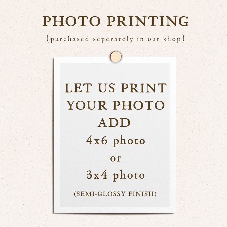 Puede incluir: Tarjeta blanca con texto marr&oacute;n que dice "PHOTO PRINTING (purchased separately in our shop)"  "LET US PRINT YOUR PHOTO ADD 4x6 photo or 3x4 photo (SEMI-GLOSSY FINISH)"