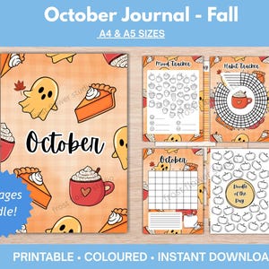 May include: A printable October journal bundle featuring 11 pages with fall-themed illustrations including ghosts, pumpkin pie slices, and mugs of cocoa on an orange plaid background. The pages include a mood tracker, habit tracker, and calendar.