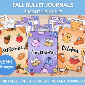 May include: A 3-month bundle of printable fall bullet journal pages featuring September, November, and October themes. The pages include illustrations of acorns, apples, pumpkins, ghosts, pie, boots, and sweaters, with text labels for each month and trackers for habits, sleep, and movies.