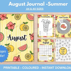 May include: A printable August journal bundle featuring summer-themed pages with hibiscus flowers, lemons, and watermelon slices. The set includes a cover page, mood tracker, habit tracker, calendar, and doodle page in A4 and A5 sizes.