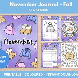 May include: A printable November journal bundle featuring 11 pages in A4 and A5 sizes. The pages have a purple background with illustrations of handbags, boots, and cardigans. Includes a mood tracker, habit tracker, calendar, and doodle page.
