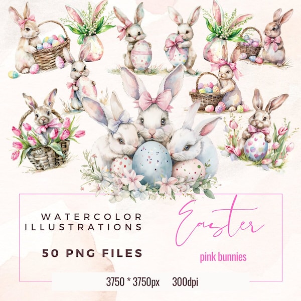 Cute Pink Easter Bunny Clipart, Watercolor Easter Clipart, Cute Easter PNG, Easter Egg Clipart, Pink Easter Clipart Bundle