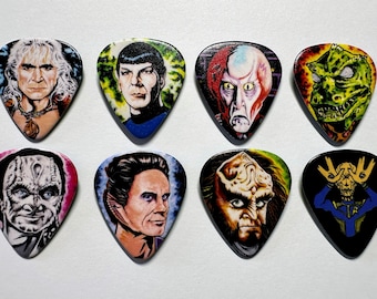 Custom Sci-Fi Guitar Picks - set of 8, Featuring Famous Trek Characters