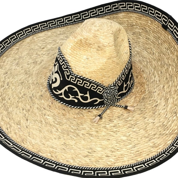 Gestreifter Charro-Hut. Weizenstroh. Nummer 58 (7, 1/4) Mendoza-Hüte. Schwarze Farbe. Handgefertigt in Mexiko.