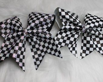 Black & White Checkered Cheer Bow | Sublimated Check Bow with Optional Rhinestones |Sparkle Checkerboard Competition Cheer Hair Bow