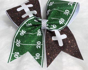 Football Cheer Bow | Glitter Football Field Cheer Bow | Game Day Hair Bow | Football Spirit Bow | Cheerleader Accessory | Handmade Bow