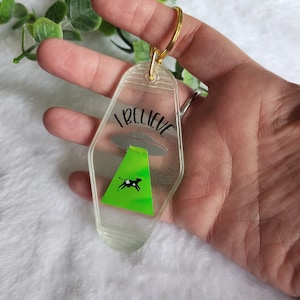 Cow Abduction Motel Keychain | I Believe Hotel Tag | Glow in the Dark Alien