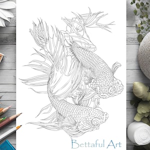 Betta Fish Coloring Pages | Printable Aquarium Fish Art | Realistic Betta Downloads for Adults & Kids | Instant Download