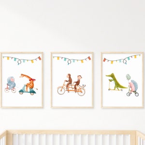 Animals on bike, nursery wall decor, bike riding animals, nursery prints, playroom animals, elephant, giraffe, monkeys, alligator, hedgehog