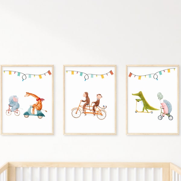 Animals on bike, nursery wall decor, bike riding animals, nursery prints, playroom animals, elephant, giraffe, monkeys, alligator, hedgehog