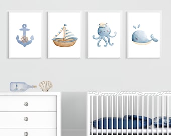 Nautical nursery print, neutral room printable wall art, nautical nursery decor, nautical art baby, navy sailboat, anchor, octopus, whale,