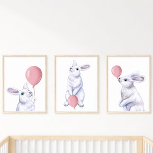 Bunnies with balloon, Set of 3 bunnies, Print baby nursery, Bunny balloons girl room, Baby room decor, Girl nursery wall decor, cute bunnies