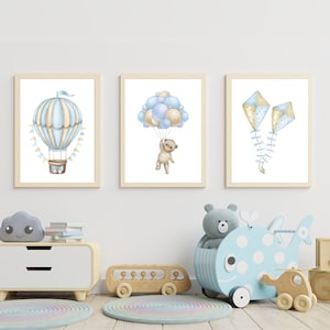 Hot air balloon, nursery decor neutral, kids room decor, watercolor print, nursery prints, bear, balloons, kites, toddler wall art, playroom