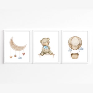 Sweet nursery decor, Moon bear and hot air balloon nursery wall art, Baby boy nursery art, Bedroom wall decor, Printable neutral nursery