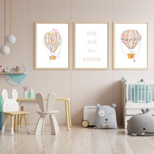 You are so loved and pink hot air balloons wall decor, baby girl nursery art, girl wall art, printable wall art set of 3, nursery room decor