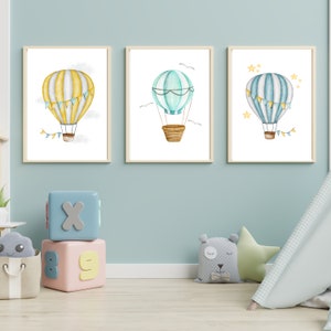 Set van 3 heteluchtballonnen, heteluchtballon, blauwe heteluchtballon print, kinderkamer decor, blauwe heteluchtballon, kinderkamer decor, babykamer