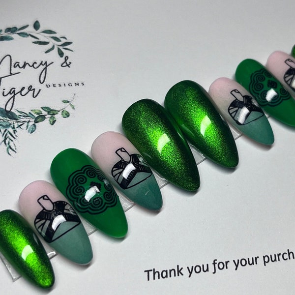 Hmong Nails | Press On Nails | Green Chrome Nails | Hmong Nail Designs