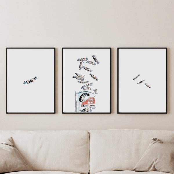 Set of 3 White Rabbit Candy Poster, Food Wall Art, Print At Home, Digital Download, Hand Drawn Art, Pencil Art, Minimal Art, Retro Art