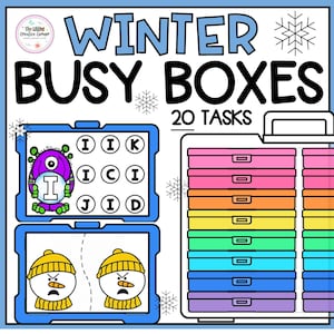 May include: A Winter Busy Boxes educational set featuring 20 tasks. The graphic displays a storage case with colourful drawers and two blue activity cards. One card shows a purple monster holding the letter I, and the other shows two snowmen.