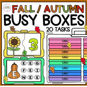 Könnte beinhalten: Eine digitale Grafik mit dem Titel FALL / AUTUMN BUSY BOXES 20 TASKS, die einen Stapel bunter Aufbewahrungsboxen, eine Sonnenblume mit der Zahl 3 und einen Kürbis mit dem Buchstaben E, umgeben von Kreisen mit den Buchstaben E, G, F, I, N, zeigt.