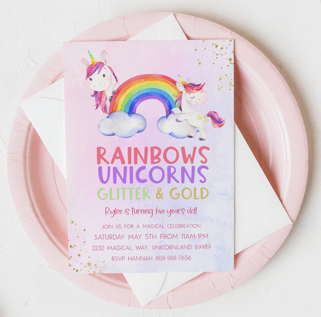 Editable Rainbow Unicorn Birthday Party Invite, Gold Glitter Rainbow ...