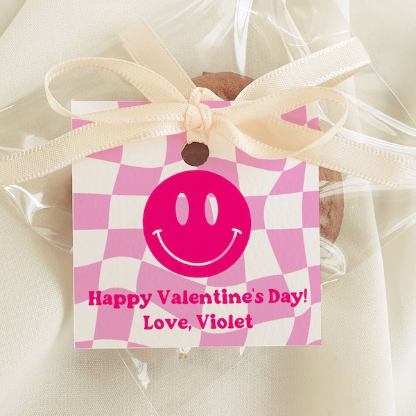 Editable Smiley Face Valentine's Day Tag Pink, Pink Valentine's Day Tag, Smiley Retro Tag, Checkered Tag, DIY Treat Tag