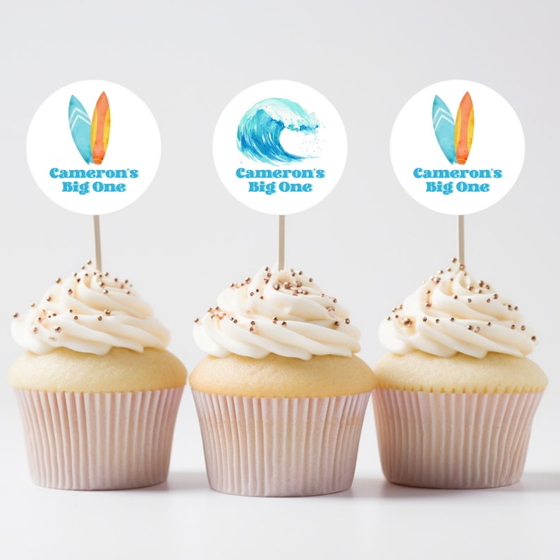 The Big One Theme Cupcake Topper Surf Theme Cupcake Toppers Etsy