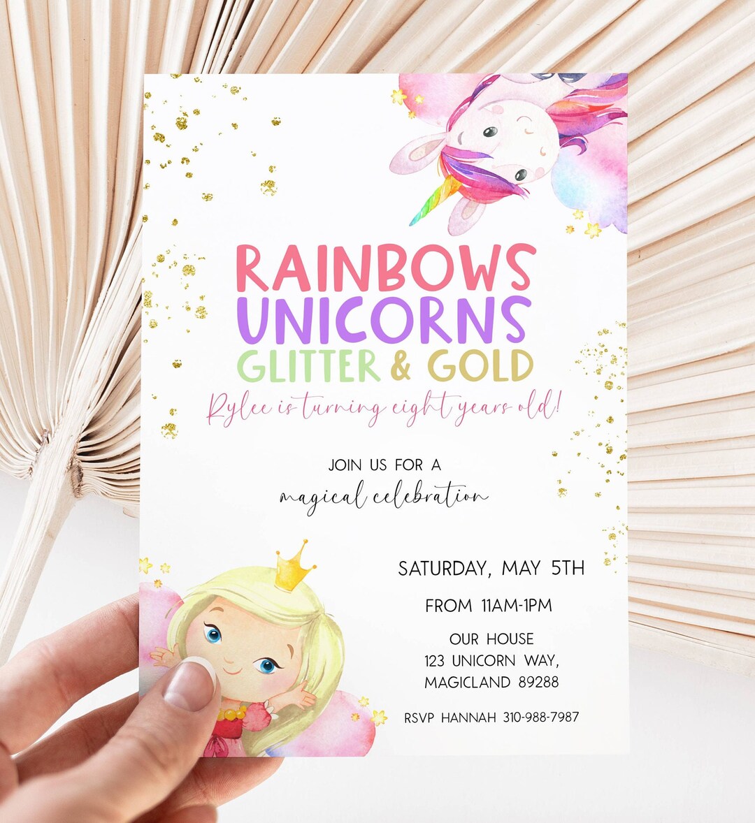 Editable Blonde Princess Unicorn Birthday Party Invite, Rainbow Unicorn ...