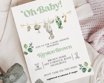 Eucalyptus Baby Shower Invite, Boho Baby Shower Invite, Neutral Baby Invite, Gender Neutral Invite, Clothes Line Shower Invite