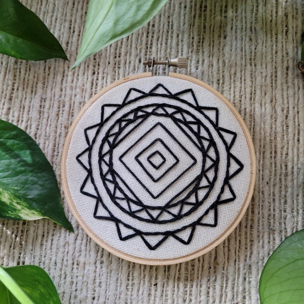 Mandala Embroidery Hoop, Hand Stitched, Black Threaded Embroidery, Wall Art